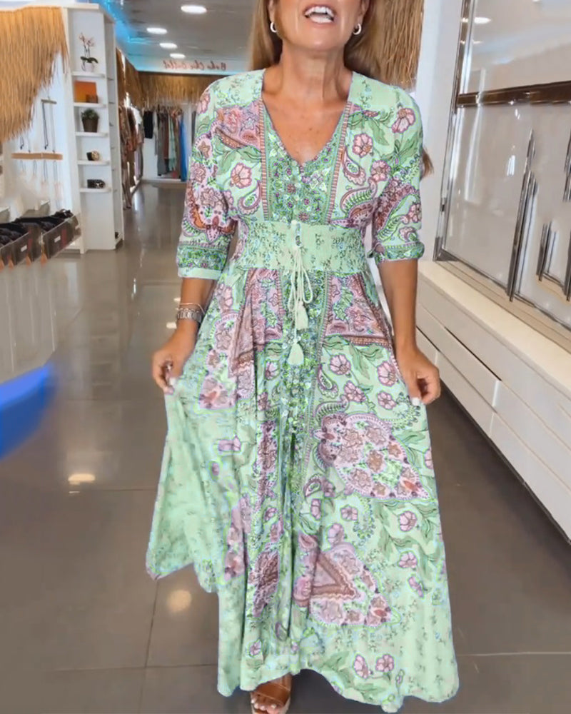 Robe maxi Femme Imprimé Col en V Taille Ajustable