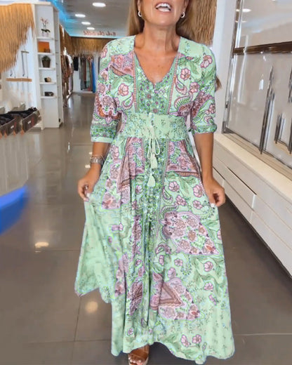 Robe maxi Femme Imprimé Col en V Taille Ajustable