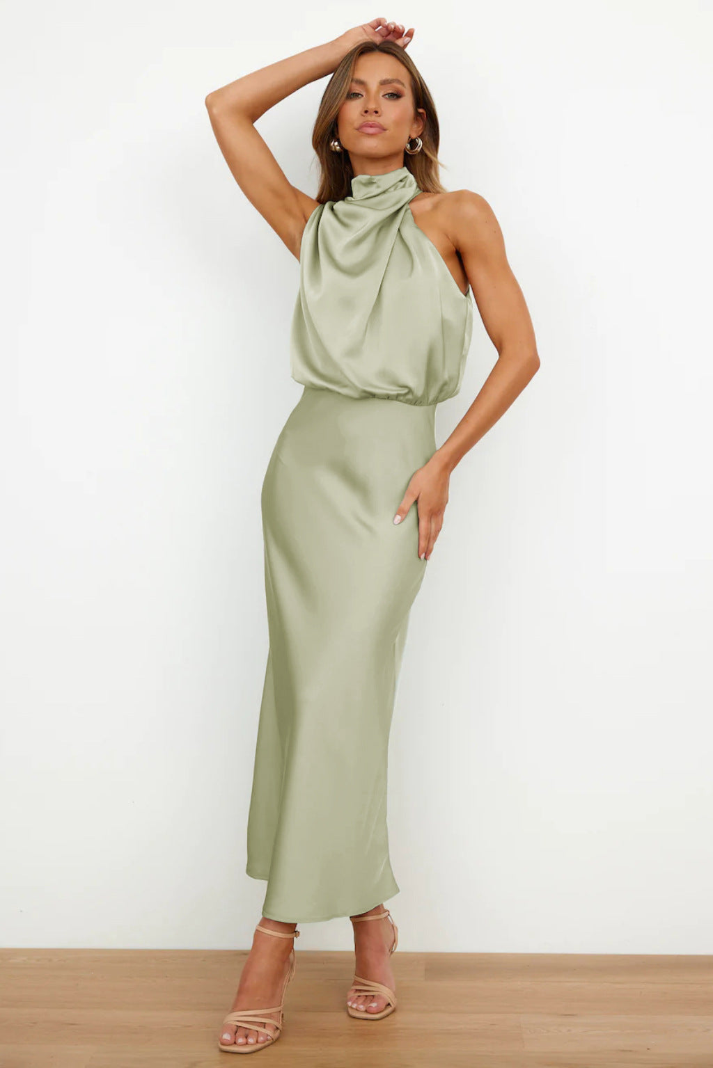 Robe Maxi Femme Satin Drapé Coupe Fluide Soirée