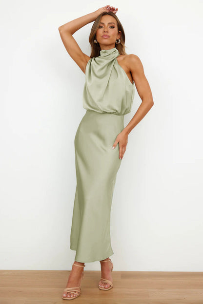 Robe Maxi Femme Satin Drapé Coupe Fluide Soirée