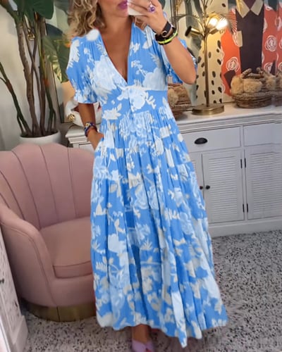Robe Longue Femme Fluide Imprimée Col V Manches Courtes