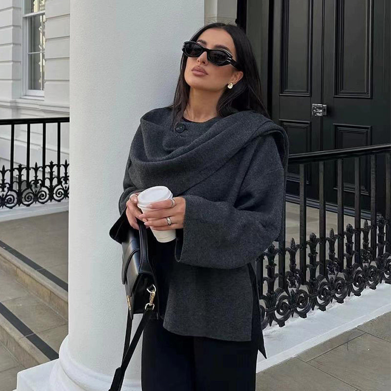 Manteau Femme Noir Chic à Col Plissé - PanierRoyale