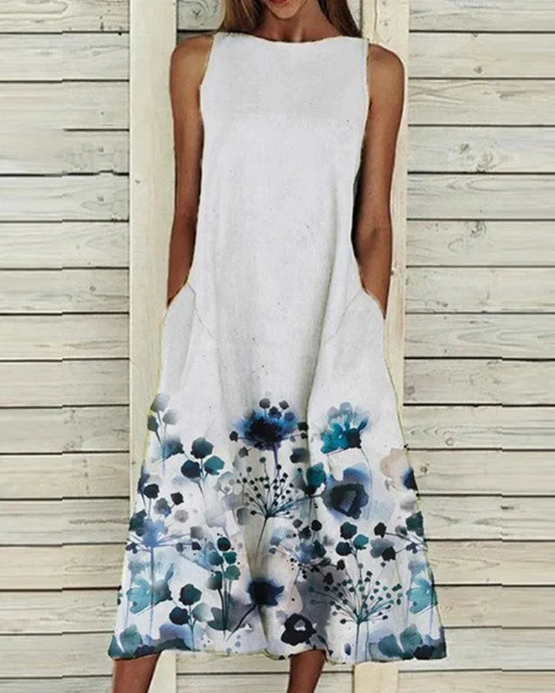 Robe Florale Été Sans Manches Col Rond Mi-Longue - BerlinGlamour