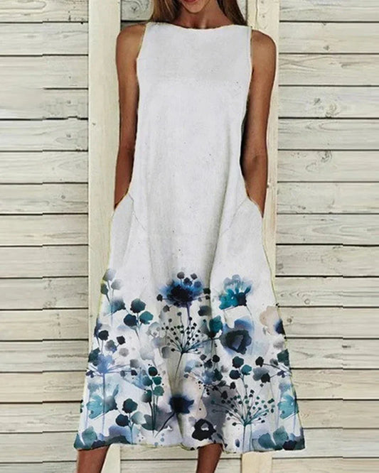 Robe Florale Été Sans Manches Col Rond Mi-Longue - BerlinGlamour
