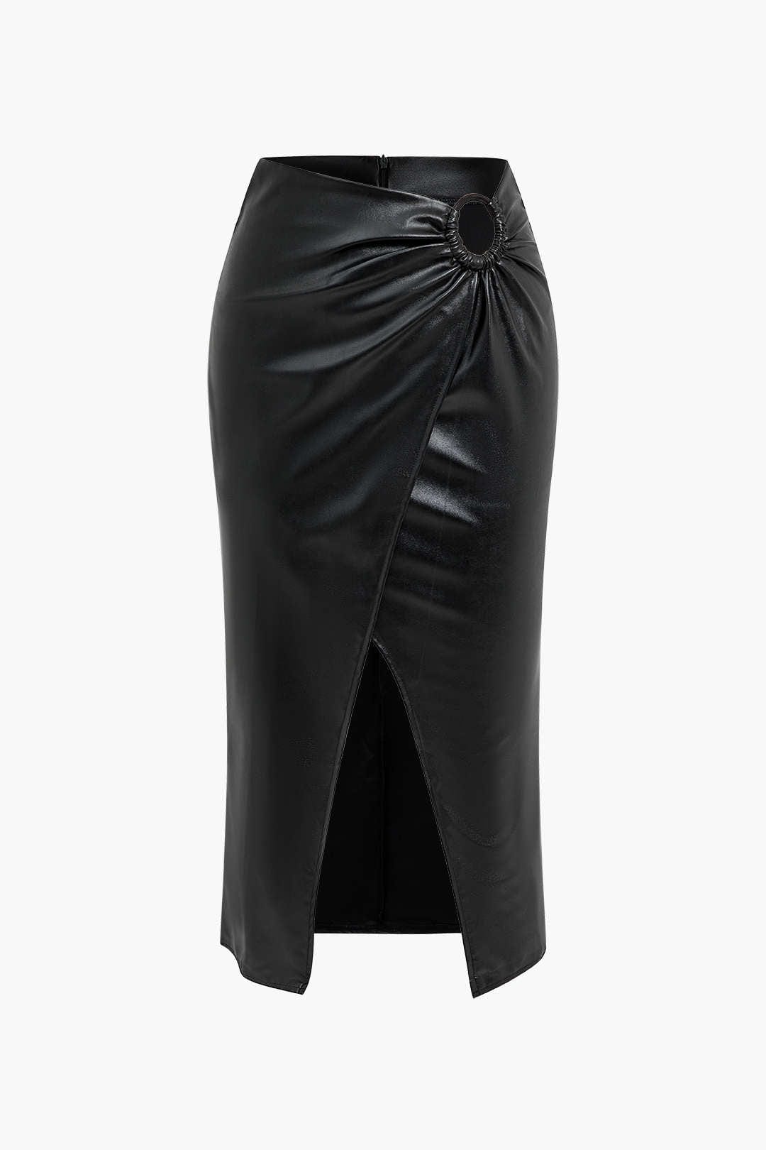 Jupe Mi-Longue en Simili Cuir avec Ceinture et Fente Élégante - BerlinGlamour