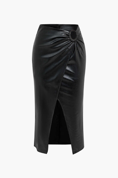 Jupe Mi-Longue en Simili Cuir avec Ceinture et Fente Élégante - BerlinGlamour