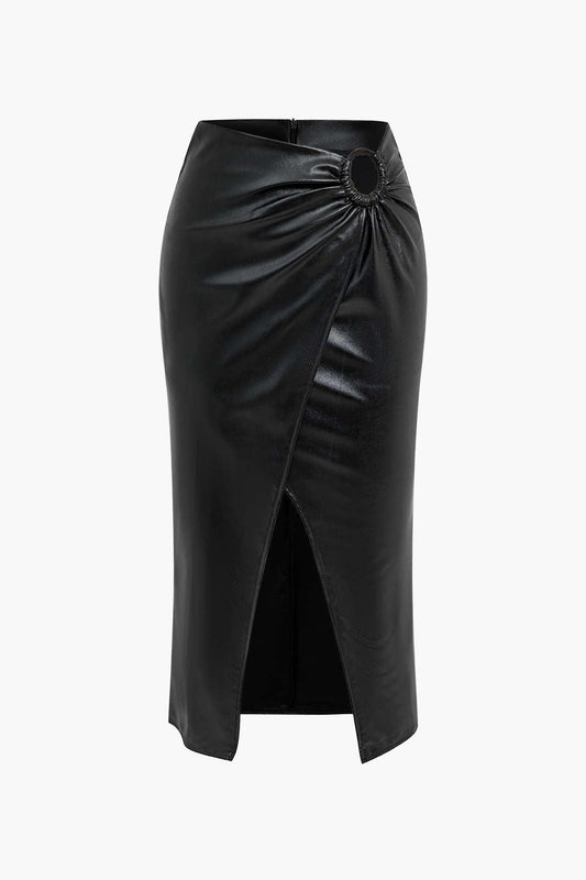 Jupe Mi-Longue en Simili Cuir avec Ceinture et Fente Élégante - BerlinGlamour