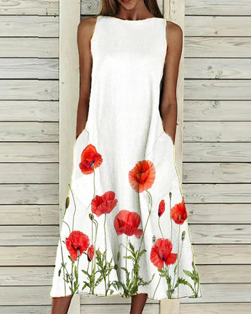 Robe Florale Été Sans Manches Col Rond Mi-Longue