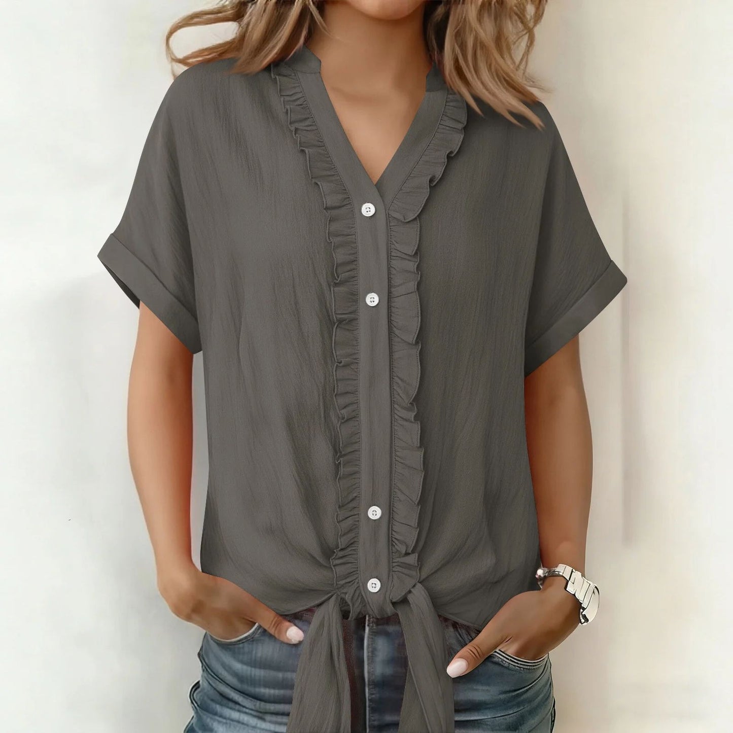 Blouse Femme Coton Col V Boutonnée Coupe Fluide