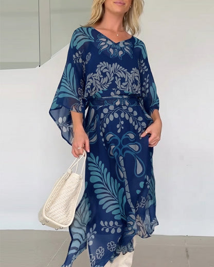 Robe Maxi Femme Imprimé Feuilles Col V Style Bohème