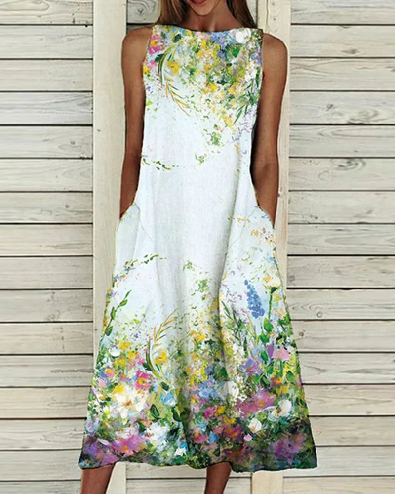 Robe Florale Été Sans Manches Col Rond Mi-Longue