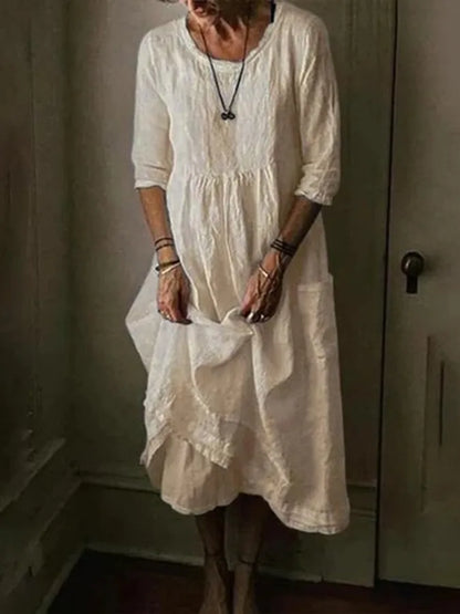 Robe Été en Coton Lin, Col Rond et Manches Courtes