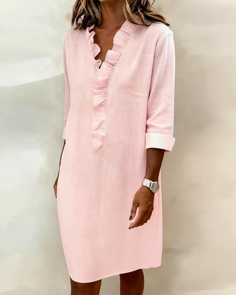Robe Femme Col en V Volants Coupe Droite Décontractée