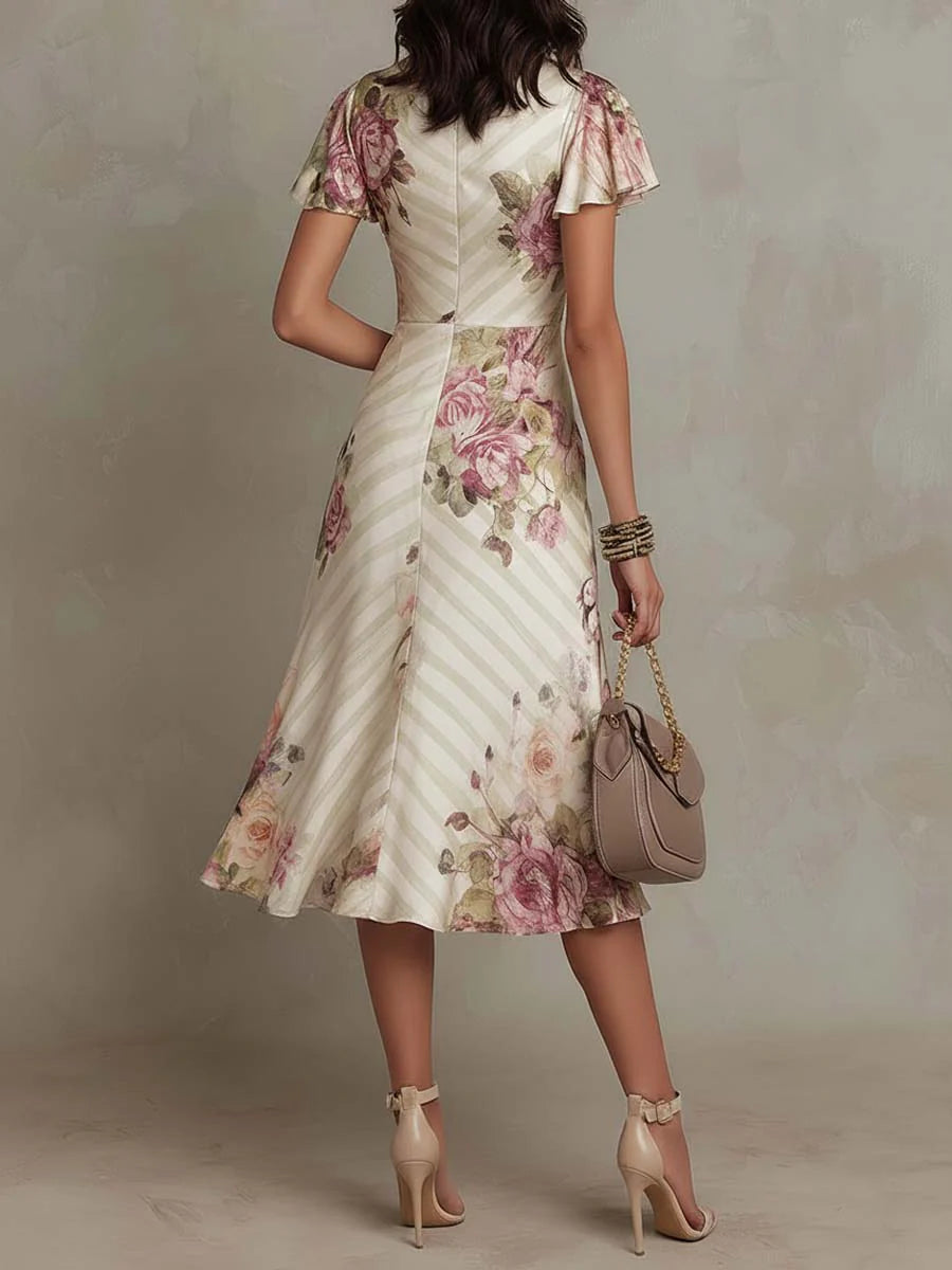 Robe Midi Femme Satin Floral Coupe Cache-cœur Rétro