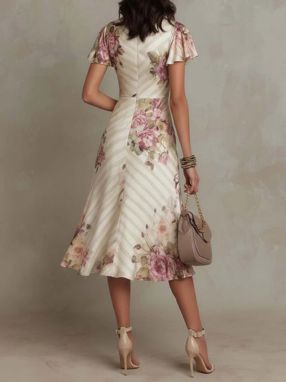 Robe Midi Femme Satin Floral Coupe Cache-cœur Rétro
