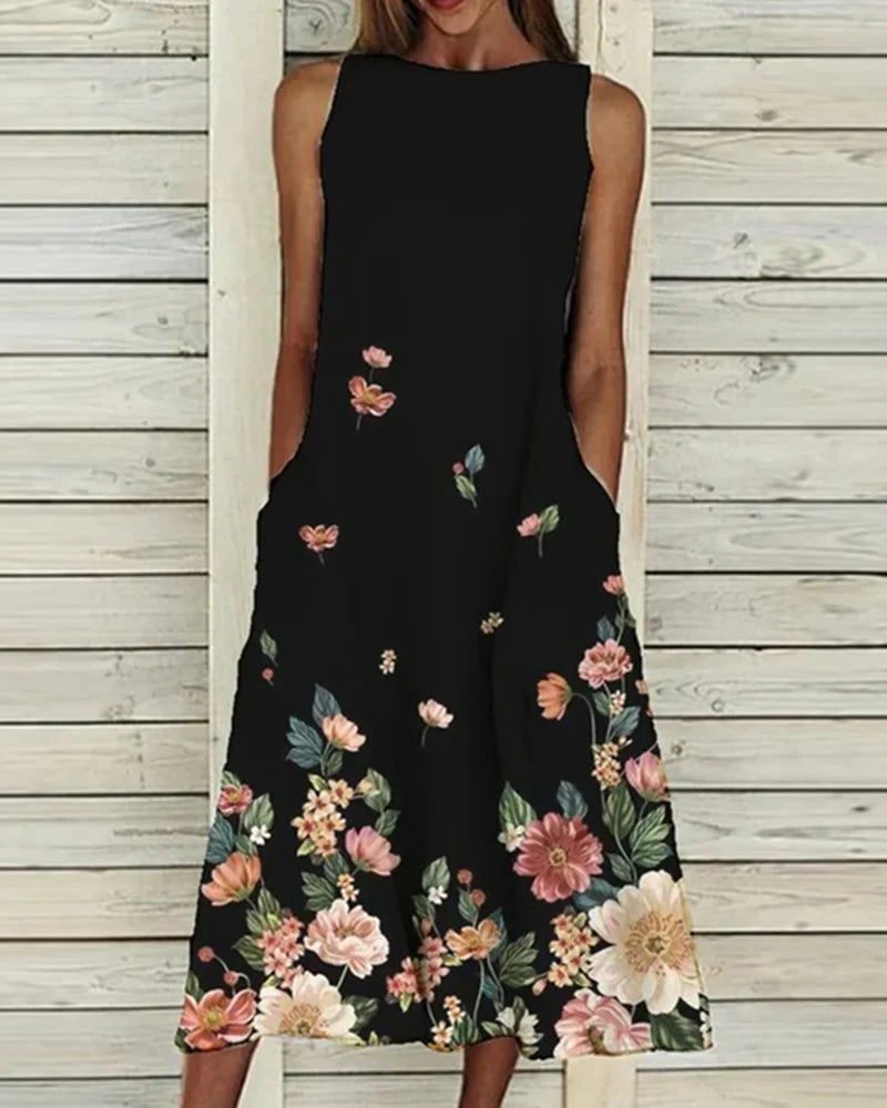 Robe Florale Été Sans Manches Col Rond Mi-Longue