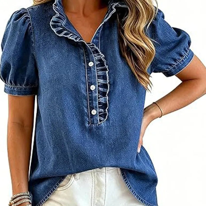 Haut Femme Denim Col Volanté Manches Bouffantes - PanierRoyale