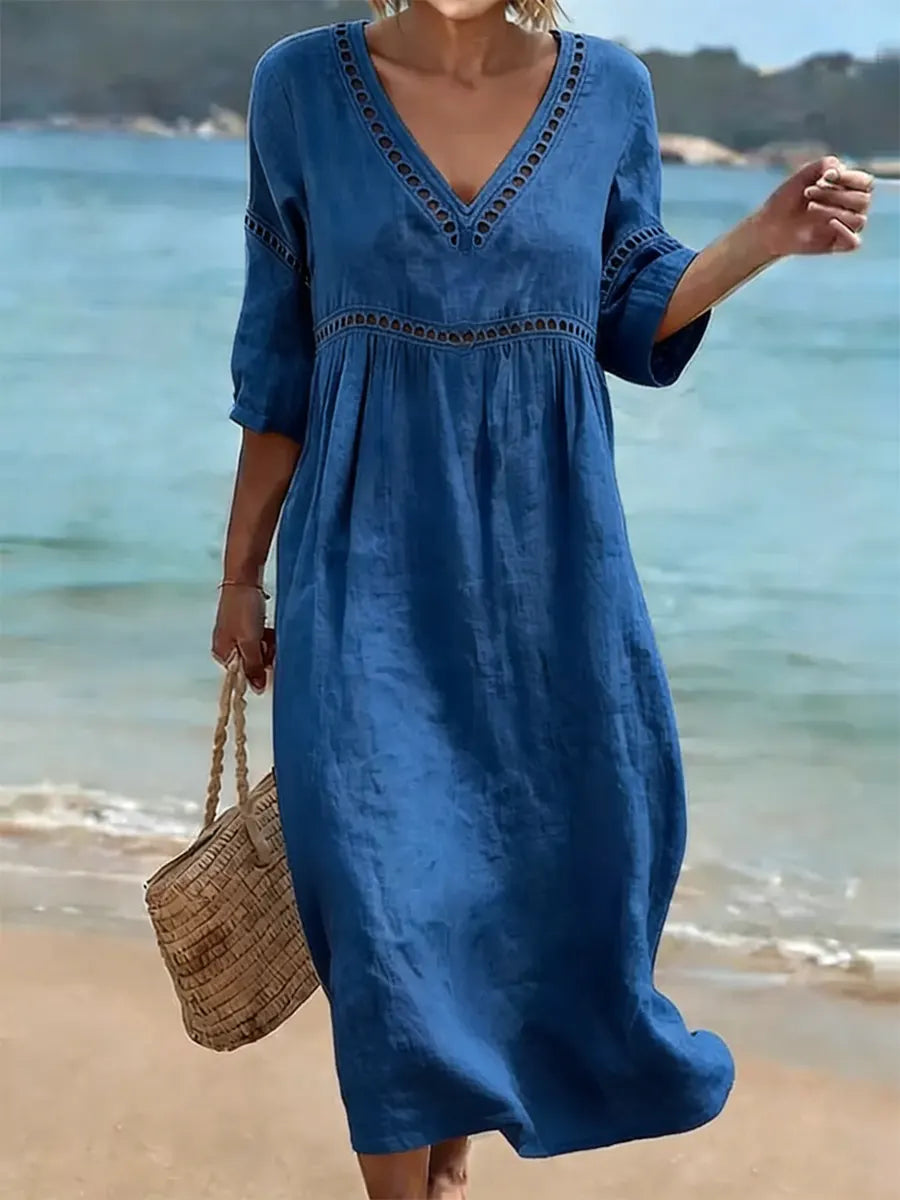 Robe Femme Coton Col V Coupe Fluide Manches Courtes
