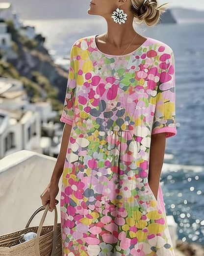 Robe Midi Femme Coton Lin Poches Manches Courtes