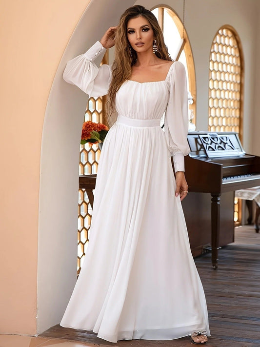 Robe de Soirée Longue Manches Blanc Féminine Élégante - PanierRoyale