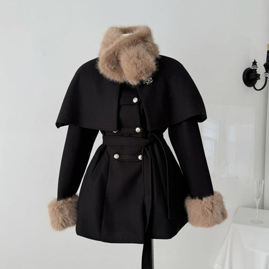 Manteau Femme Long Hiver Noir avec Col Amovible - PanierRoyale