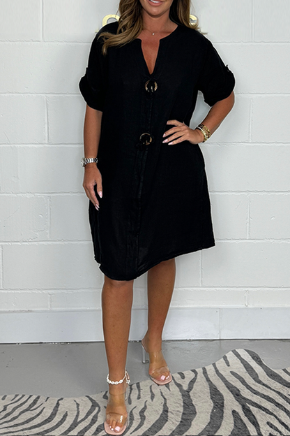 Robe Décontractée Femme en Lin Boutons Manches Courtes