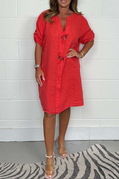 Robe Décontractée Femme en Lin Boutons Manches Courtes
