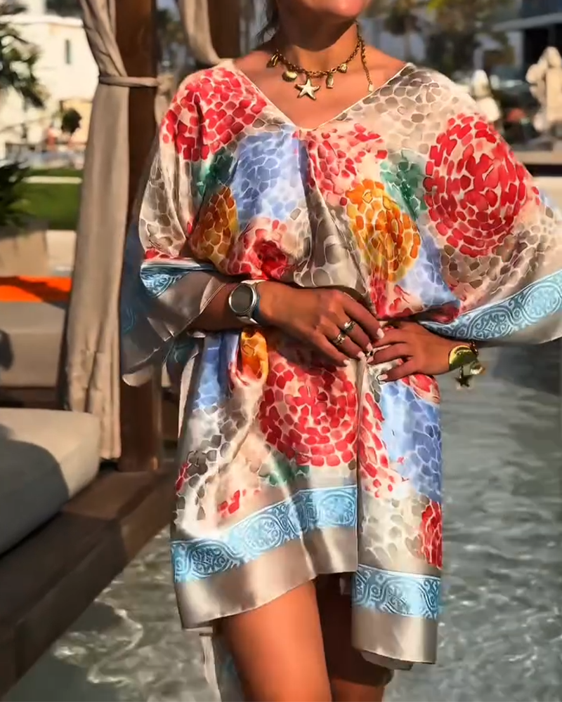 Robe Plage Femme Imprimée Manches Chauve-souris Fluides