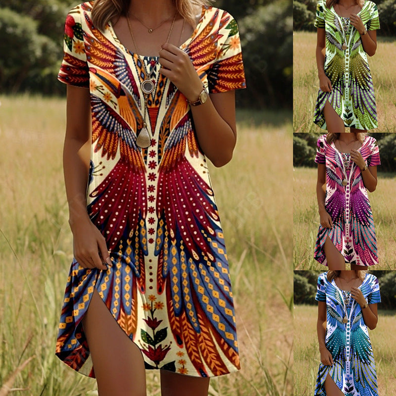 Robe Femme Fluide Manches Courtes Col Rond Imprimé Ethnique