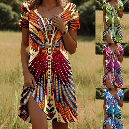 Robe Femme Fluide Manches Courtes Col Rond Imprimé Ethnique