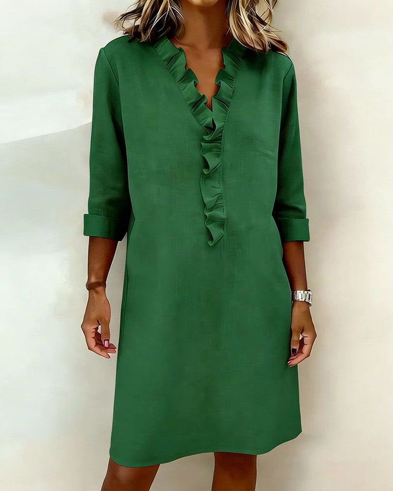Robe Femme Col en V Volants Coupe Droite Décontractée