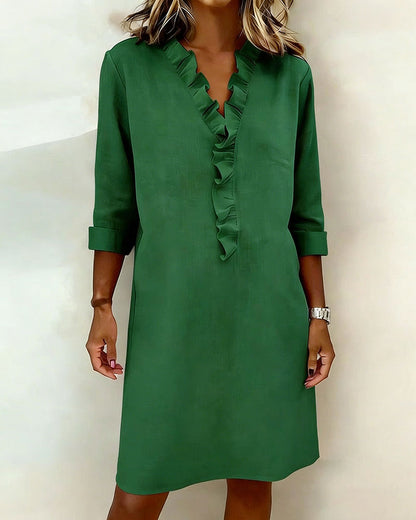 Robe Femme Col en V Volants Coupe Droite Décontractée