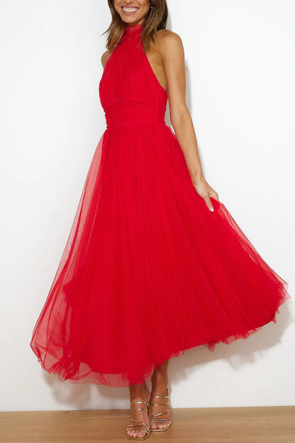 Robe de Soirée Élégante en Tulle avec Col Haut et Jupon