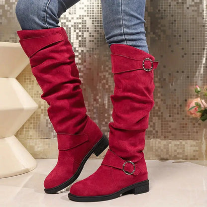 Bottes genou haut élégantes en cuir avec boucle et talon bas - PanierRoyale