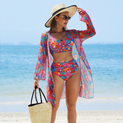 Ensemble Bikini Femme Tissu Extensible Trois Pièces Usage Balnéaire