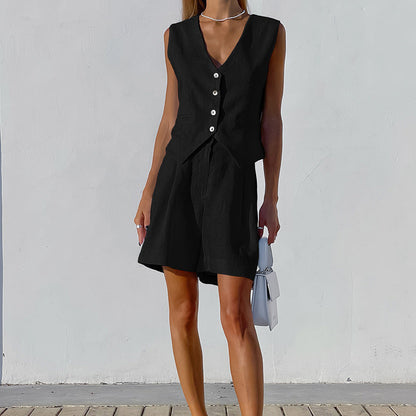 Robe Été Femme en Lin - Ensemble Décontracté avec Gilet et Short