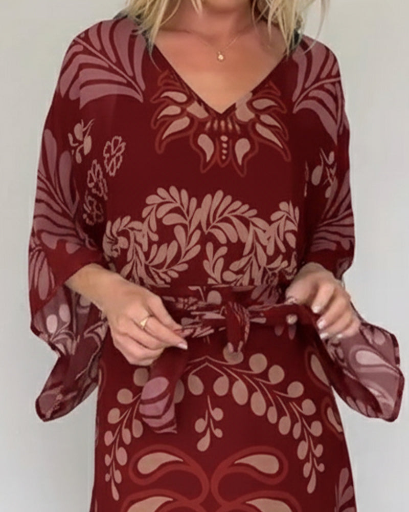 Robe Maxi Femme Imprimé Feuilles Col V Style Bohème
