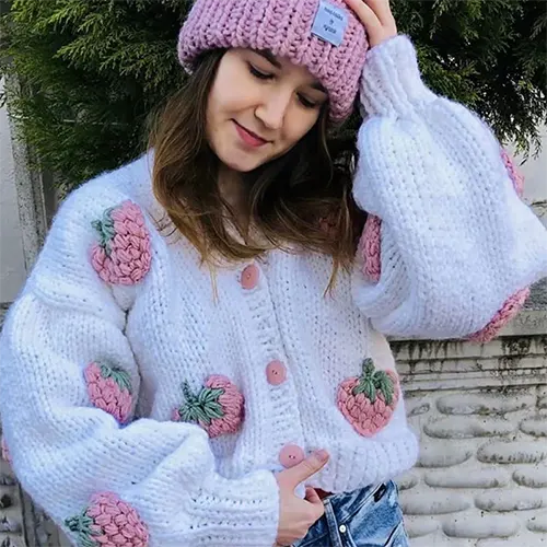 Cardigan Mi-Longueur Fleuri Doux et Confortable
