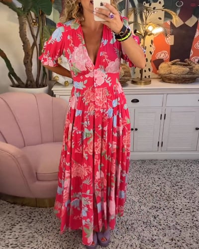 Robe Longue Femme Fluide Imprimée Col V Manches Courtes