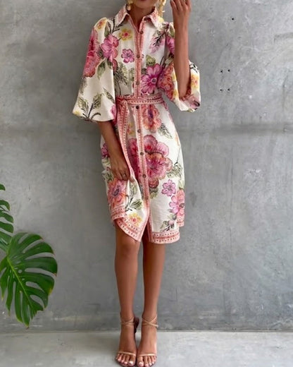 Robe Femme Imprimé Floral Manches Lanternes Boutons