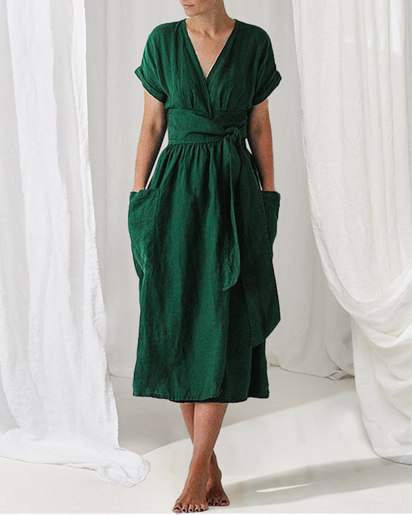 Robe Été en Lin pour Femme - Modèle Décontracté aux Manches Courtes - PanierRoyale