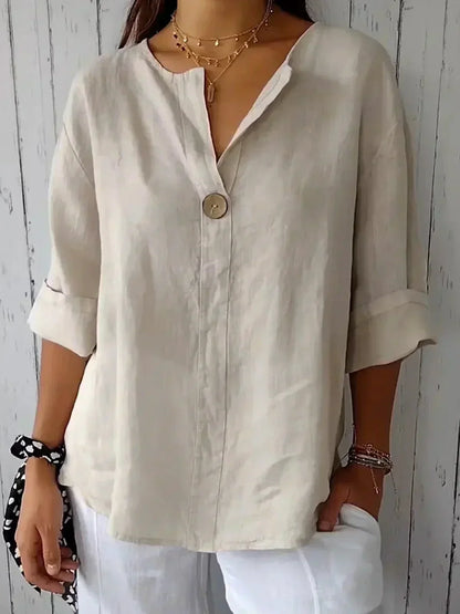 Variant image for Elara™ – Blouse Femme en Lin Léger avec Col V Élégant et Bouton en Bois-1