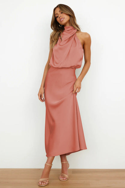 Robe Maxi Femme Satin Drapé Coupe Fluide Soirée - PanierRoyale
