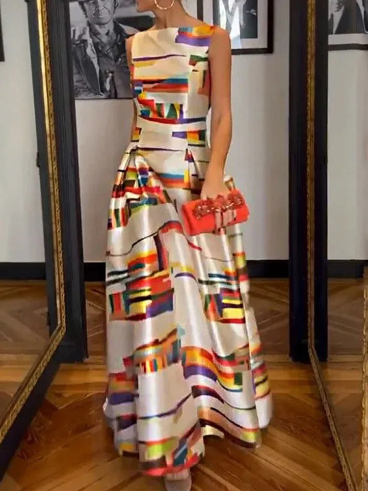 Robe Longue Élégante Sans Manches Imprimé Géométrique - PanierRoyale