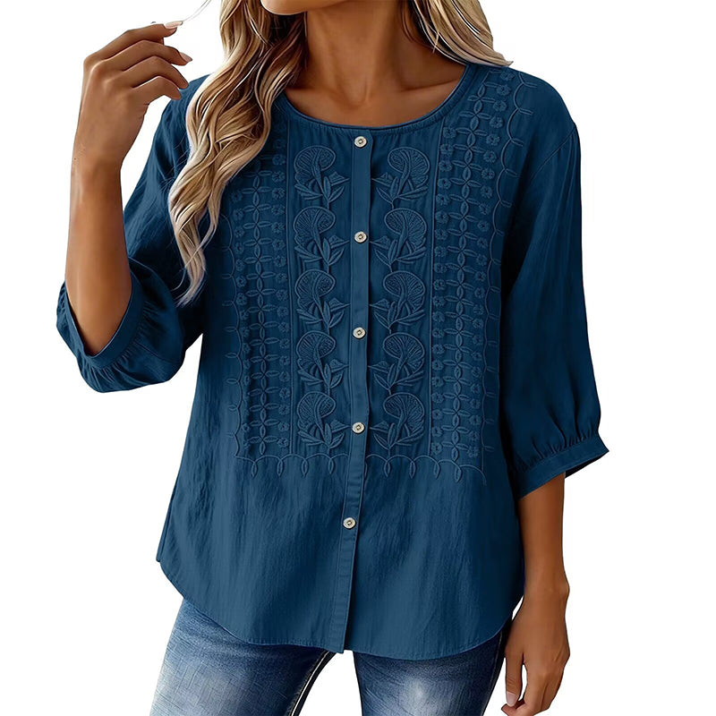 Blouse Femme Coton Lin Brodée Manches Longues