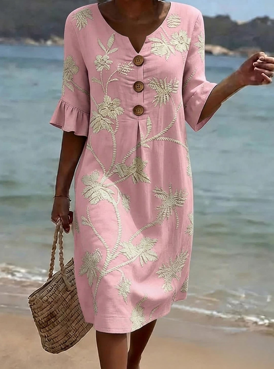 Robe Femme Coton Imprimé Floral Boutons Frontaux