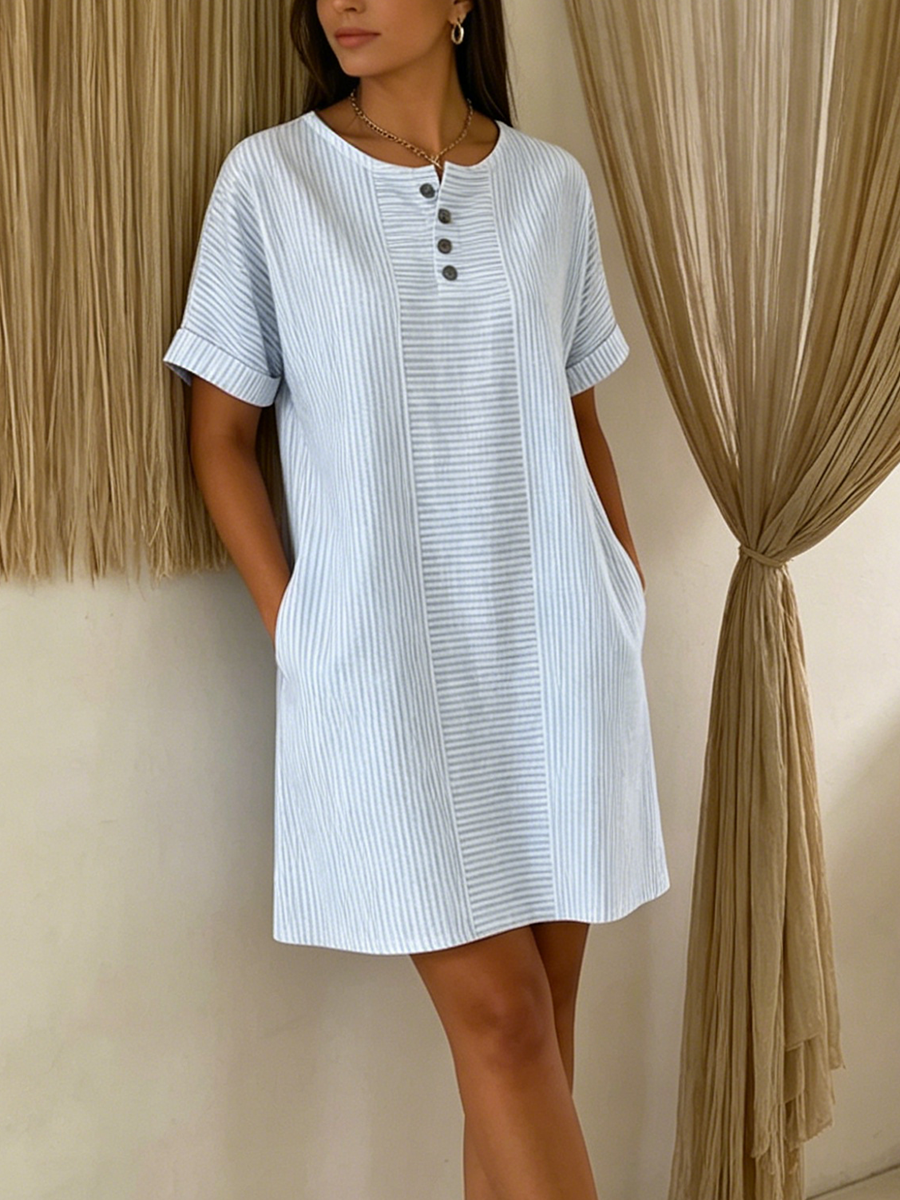 Robe Femme Coton Lin Boutonnée Coupe Ample Col Henley