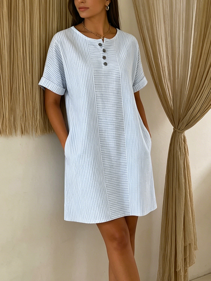 Robe Femme Coton Lin Boutonnée Coupe Ample Col Henley