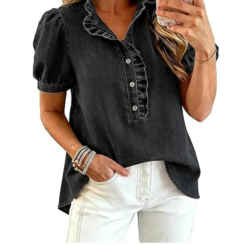 Haut Femme Denim Col Volanté Manches Bouffantes