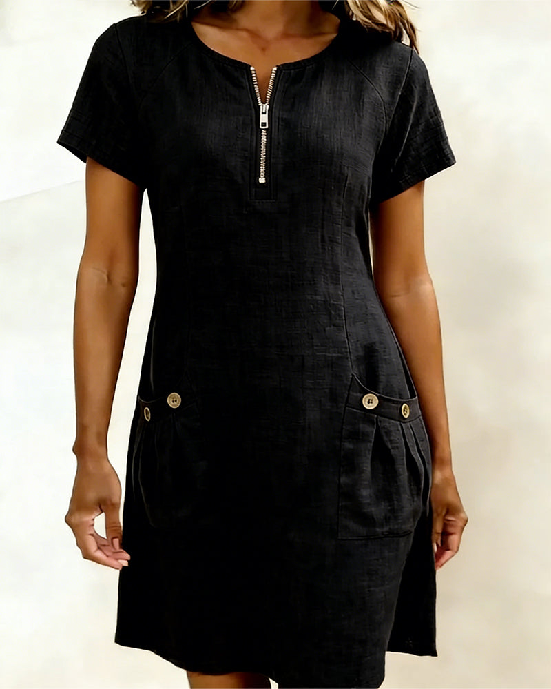 Robe Courte Femme Poches Col Zippé Moderne